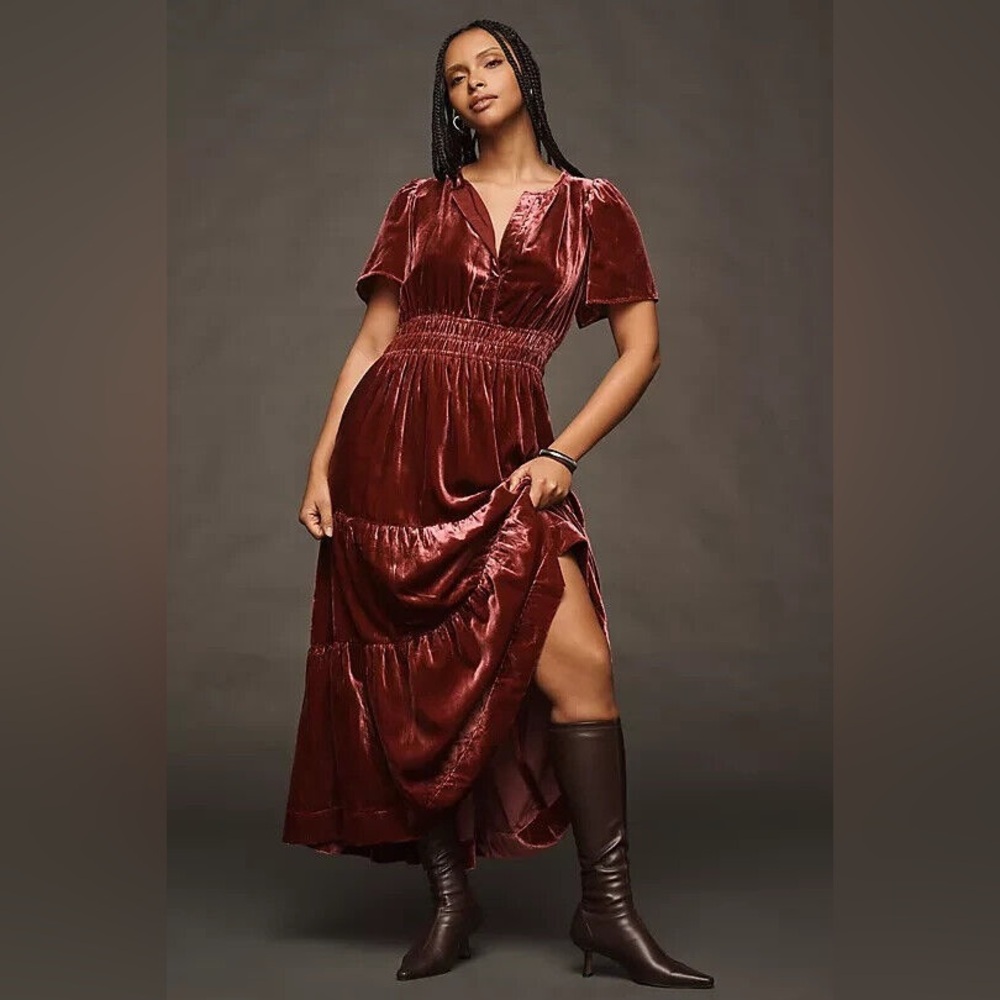 Anthropologie Velvet Maxi Dress in Deep Red